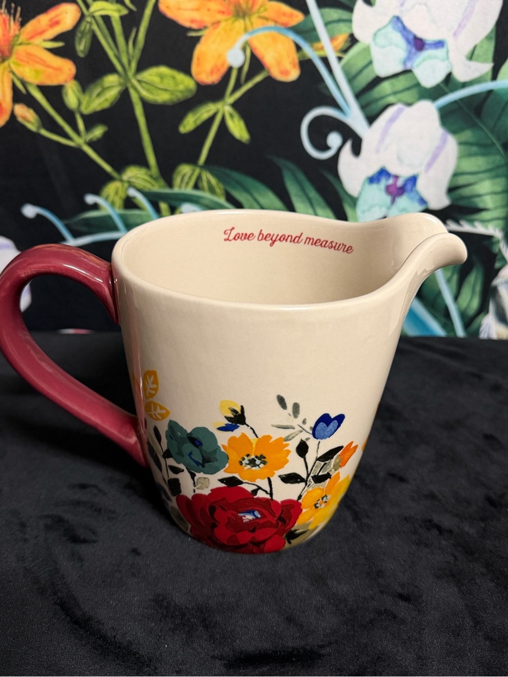 The Pioneer Woman Cream Floral Ceramic measuring cup with Red Handle